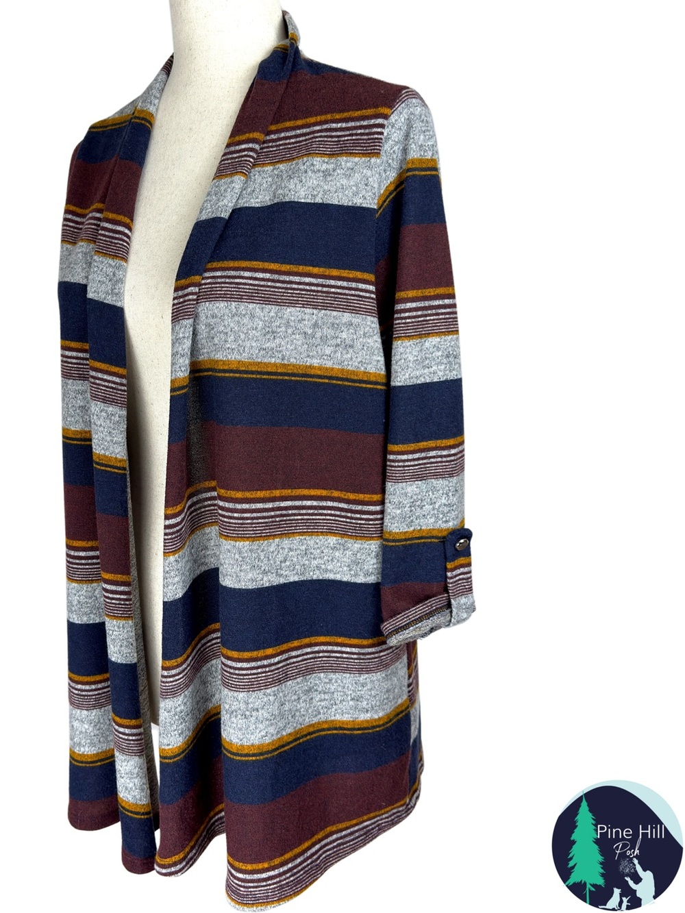 Naif Open Front Striped Cardigan Women’s Medium Soft Knit 3/4 Sleeve Academia